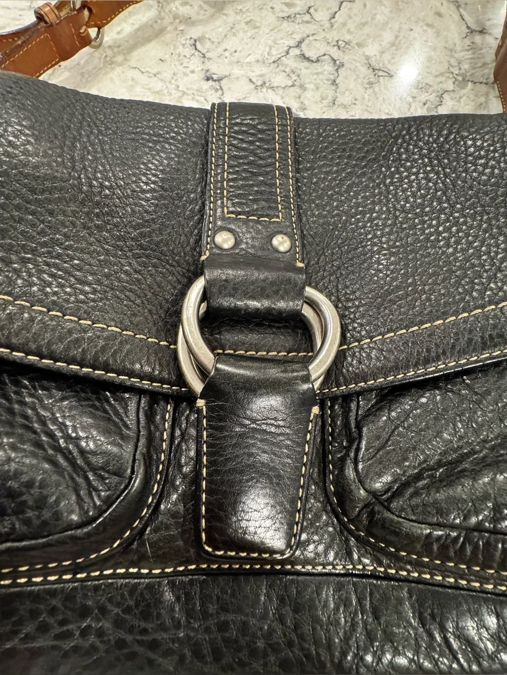 Coach Y2K Chelsea Leather Flap Shoulder Bag Buckles Rings Black Brown F10893